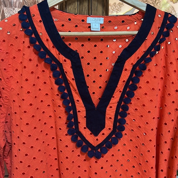 J. Crew V neck Orange with Blue trim Eyelet Tunic Top XL - Picture 2 of 4